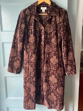 Aris Velvet Burnout Floral Coat in Eggplant and Gold